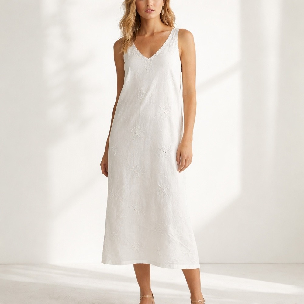 NEW Alexandra Bartlett White Linen Blend Embroidered Midi Dress Size 6 Bridal